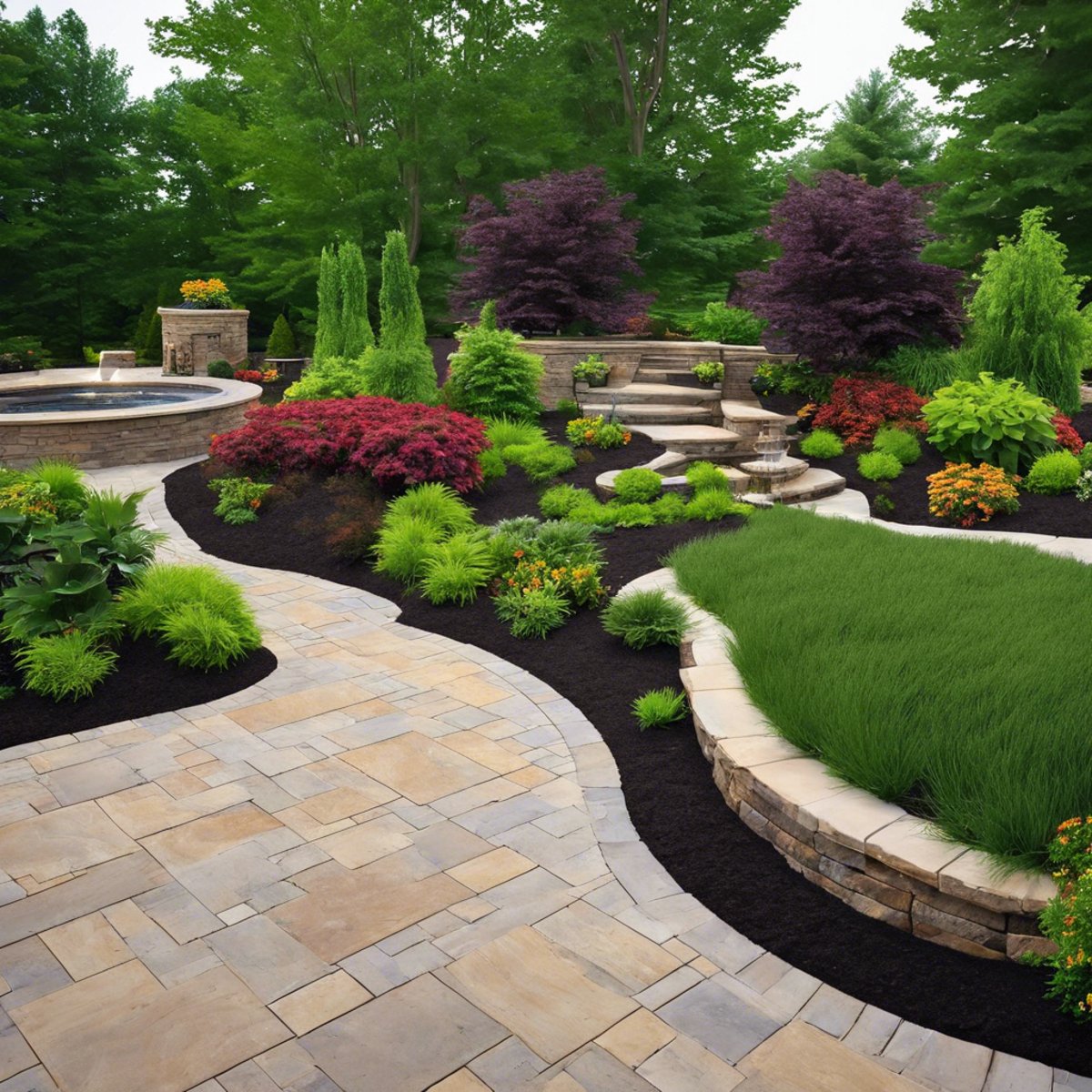 Stock photo of a landscaped residential yard with stonework