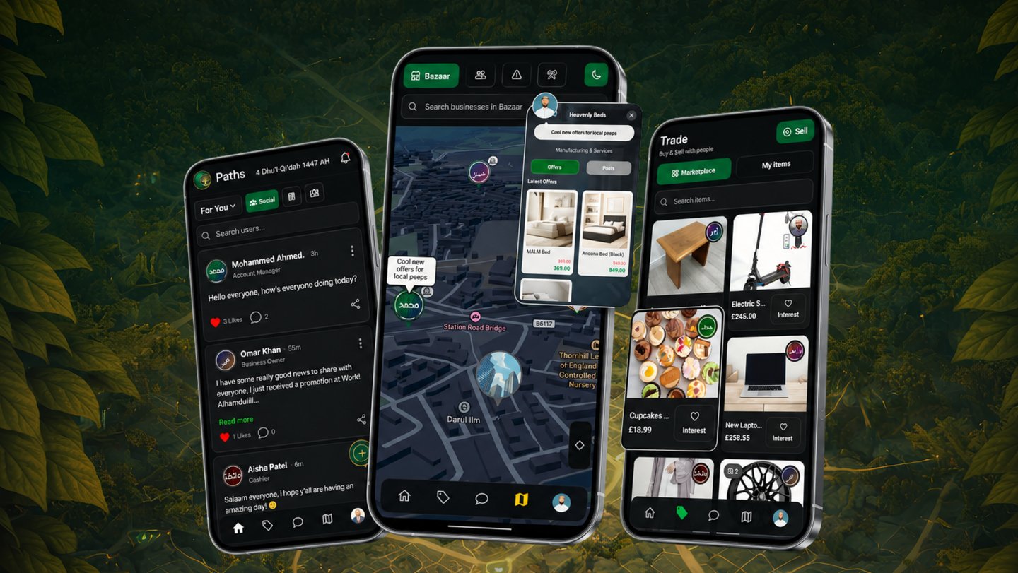 Three Paths Network app screens showing the community feed, local map and marketplace