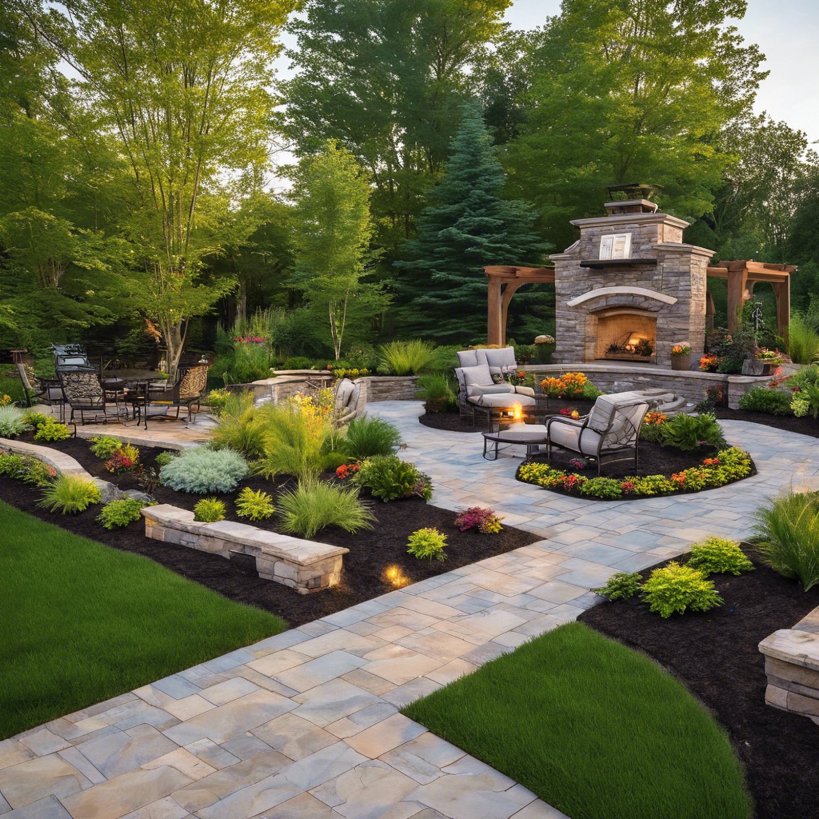 Stock photo of a hardscaped backyard with patio, fire feature, and seating
