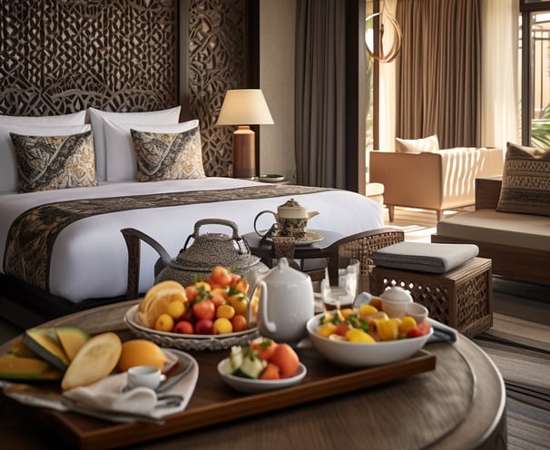 The Pleasant Hotel Bali luxury room with traditional Balinese decor and panoramic views
