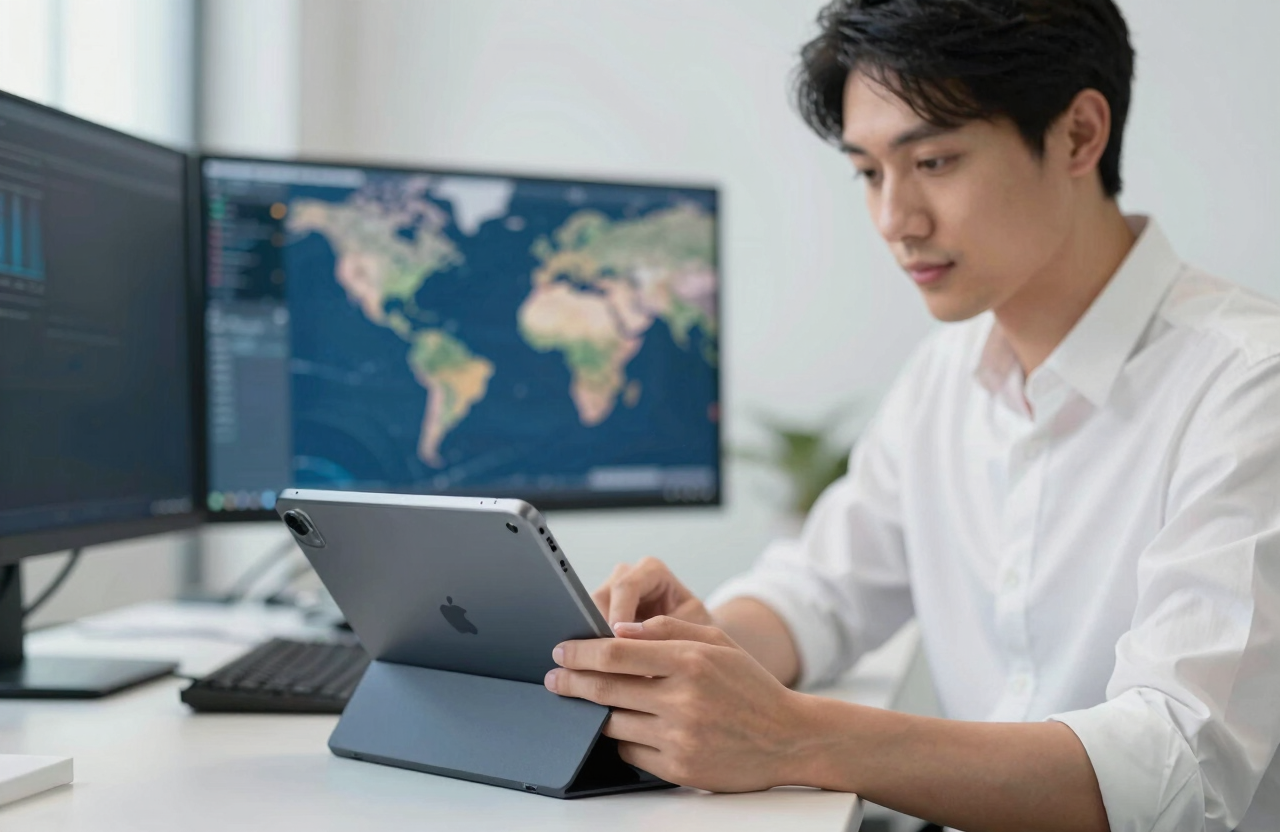 A lifestyle photograph of a professional in a Global / Tech Industry creative studio using a tablet. Steel blue and soft white colors dominate the clean scene.