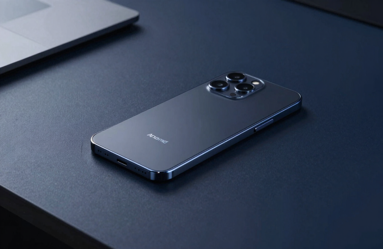 A sleek, minimalist Android smartphone resting on a polished deep navy desk in a Global / Tech Industry office. Professional studio lighting with steel blue accents.