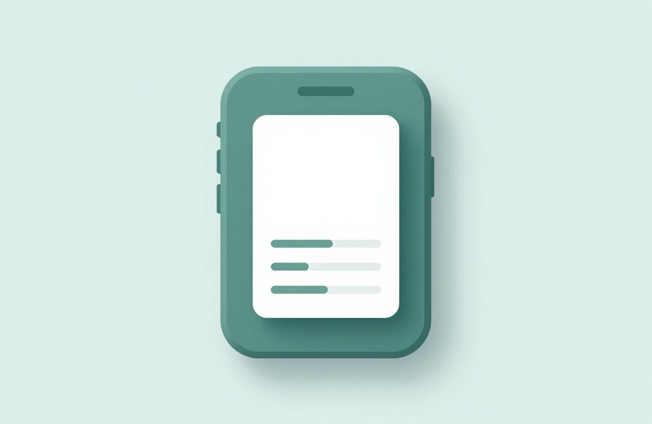 A minimalist 3D icon of a mobile phone screen with simple geometric shapes, emphasizing sleek UI design. Colors: #4A6D7C and #9CC0B9.