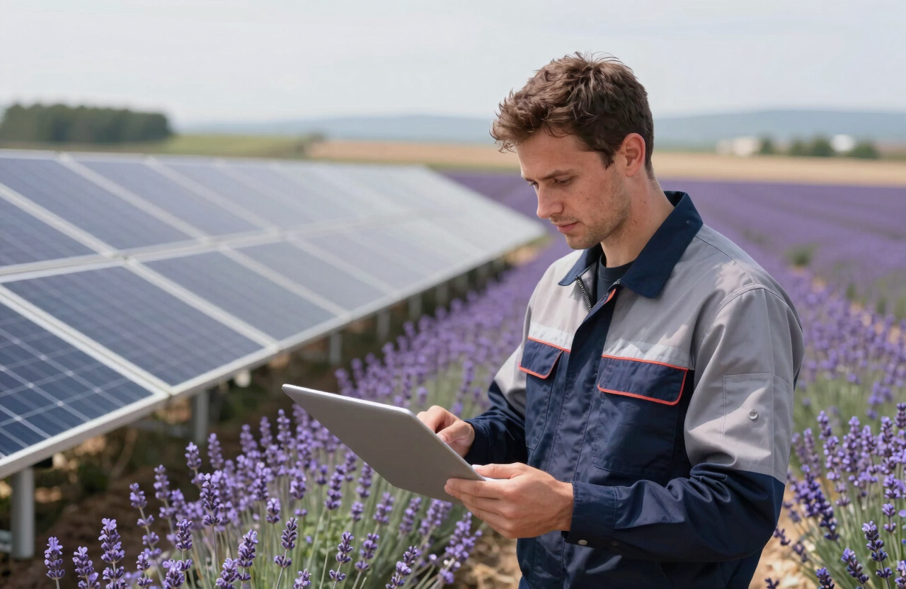 A technical expert in modern workwear inspecting a solar installation over a blooming lavender field. Professional and eco-conscious vibe.