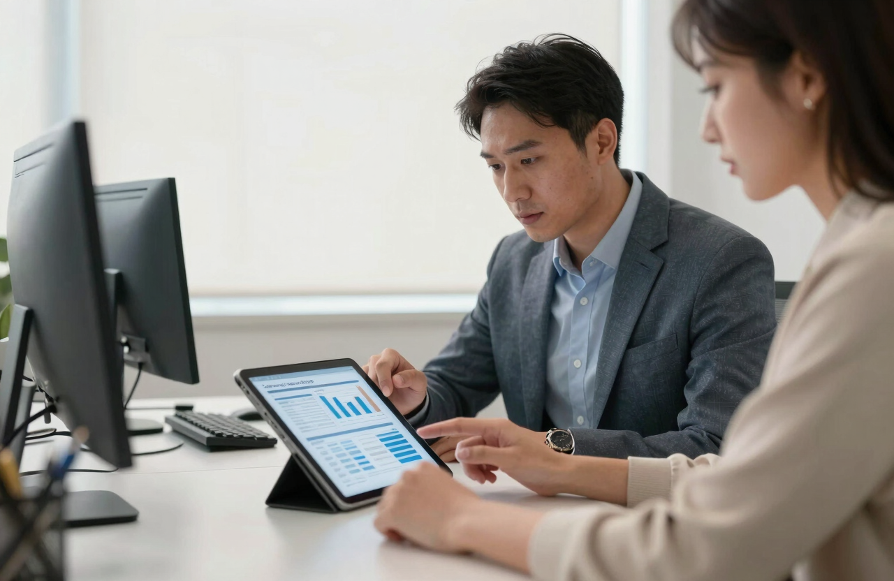 A professional in a North American / US office setting using a tablet to review financial workflows. Innovative atmosphere, bright off-white and steel blue environment.