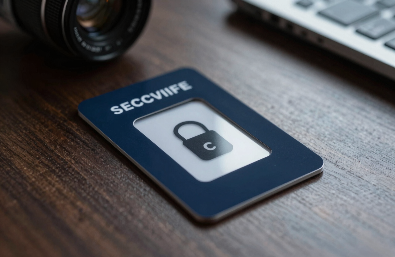 Close-up of a secure digital access card on a dark wood desk in a North American / US office. Deep navy and muted blue-grey palette, shallow depth of field.