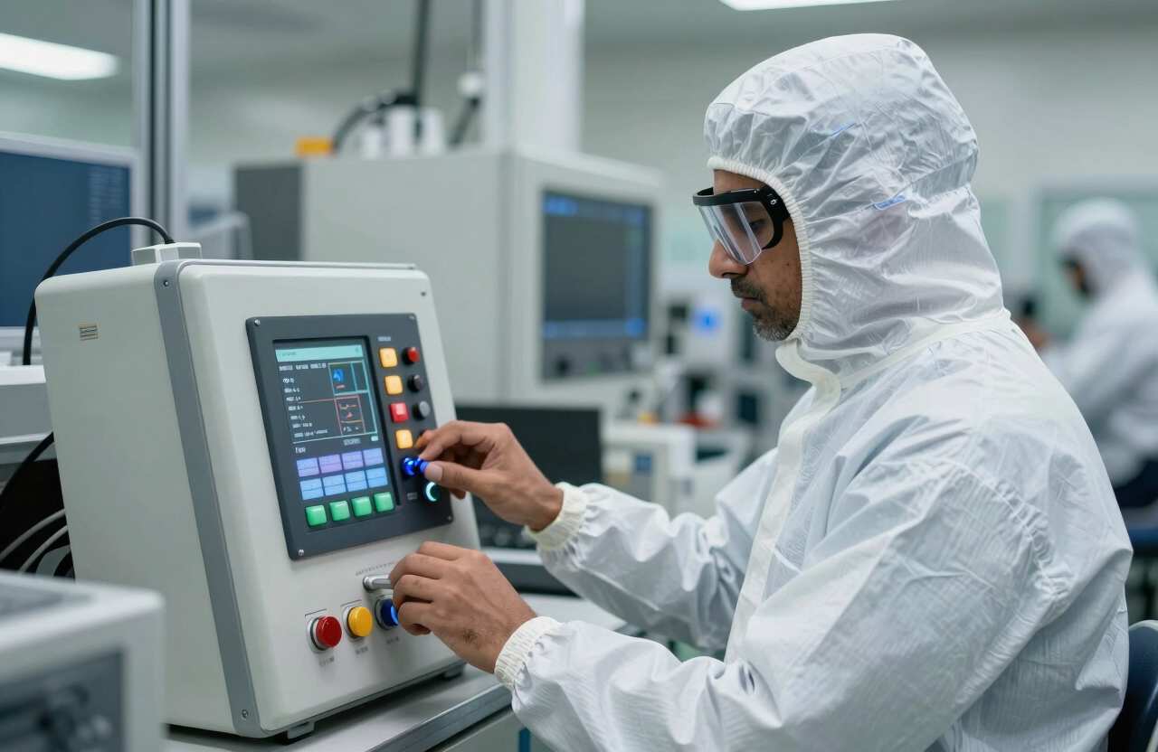 A specialized technician wearing a full cleanroom suit operating a digital control panel in a high-tech South Asian / Indian manufacturing facility.