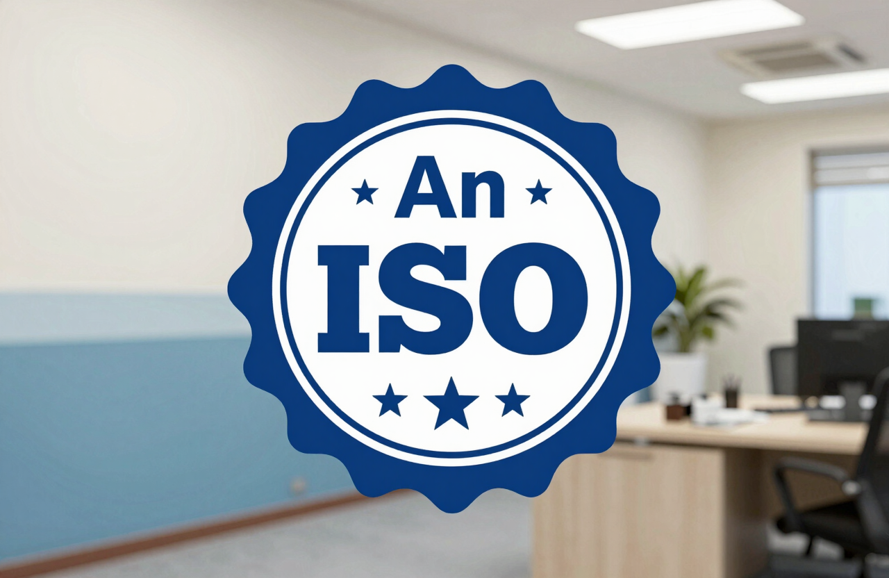 An ISO certification seal displayed professionally on an ocean blue and soft off-white background in a clean South Asian / Indian corporate office setting.
