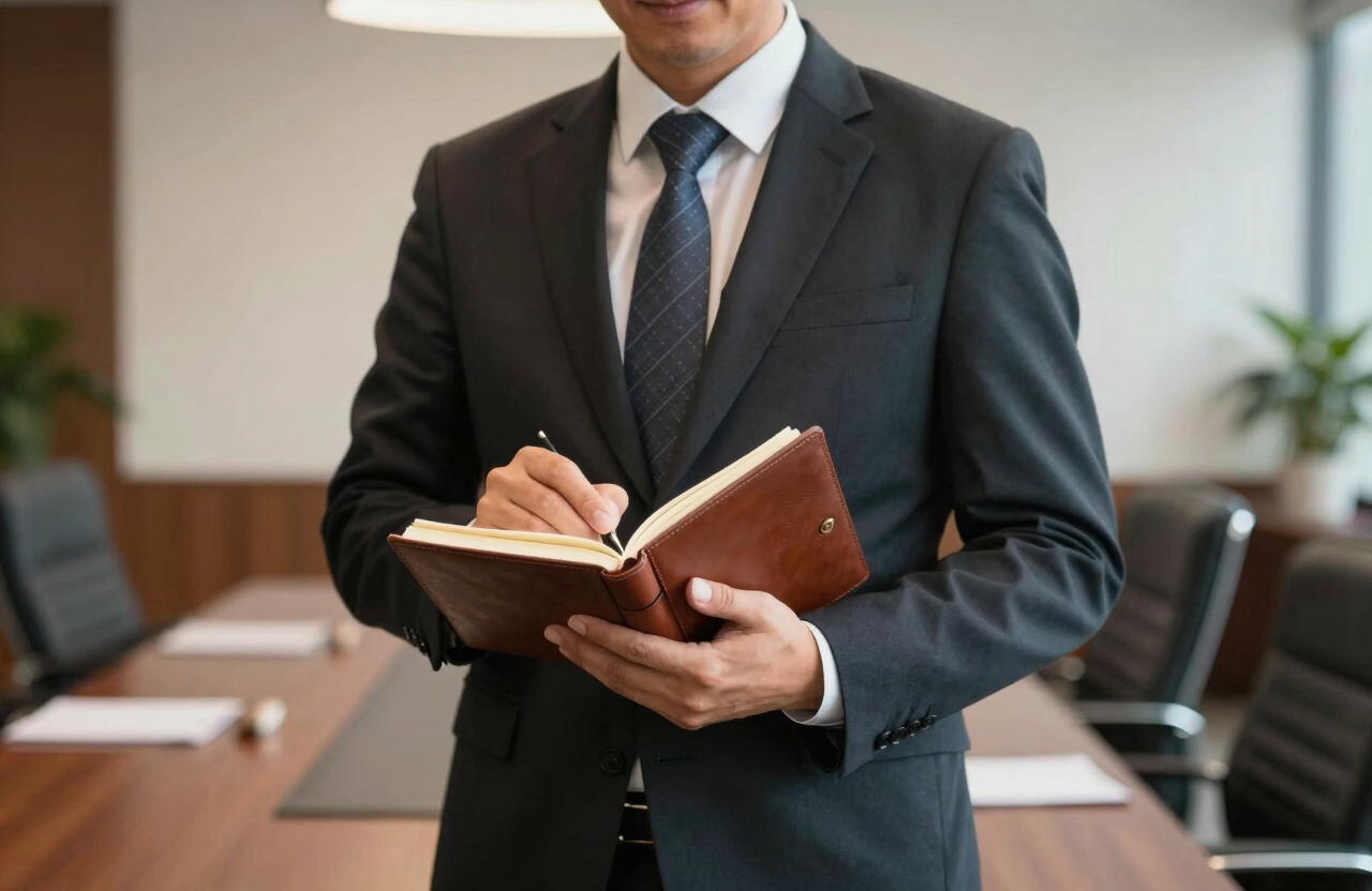 A professional consultant in formal business attire in a Southeast Asian / Indonesian boardroom, holding a leather-bound notebook, confident and reliable posture.