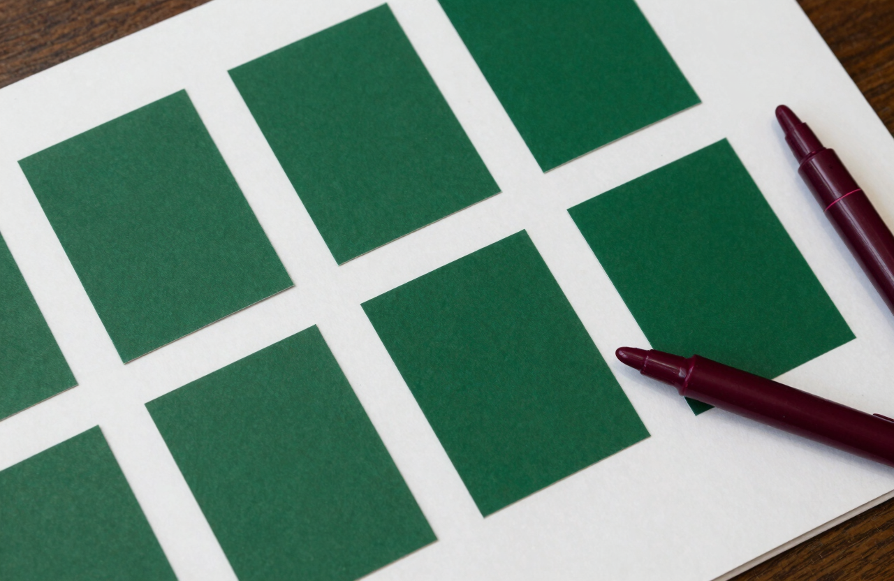 Top-down view of a marketing strategy board in a North American / US office, featuring matte forest green color swatches and deep ripe crimson markers on a crisp parchment surface.