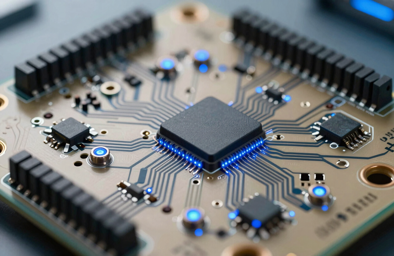 A high-end, professional macro shot of circuit board details and glowing blue lights, symbolizing modern innovation. The lighting uses soft off-white and sky blue tones, captured in a North American / US tech lab environment.