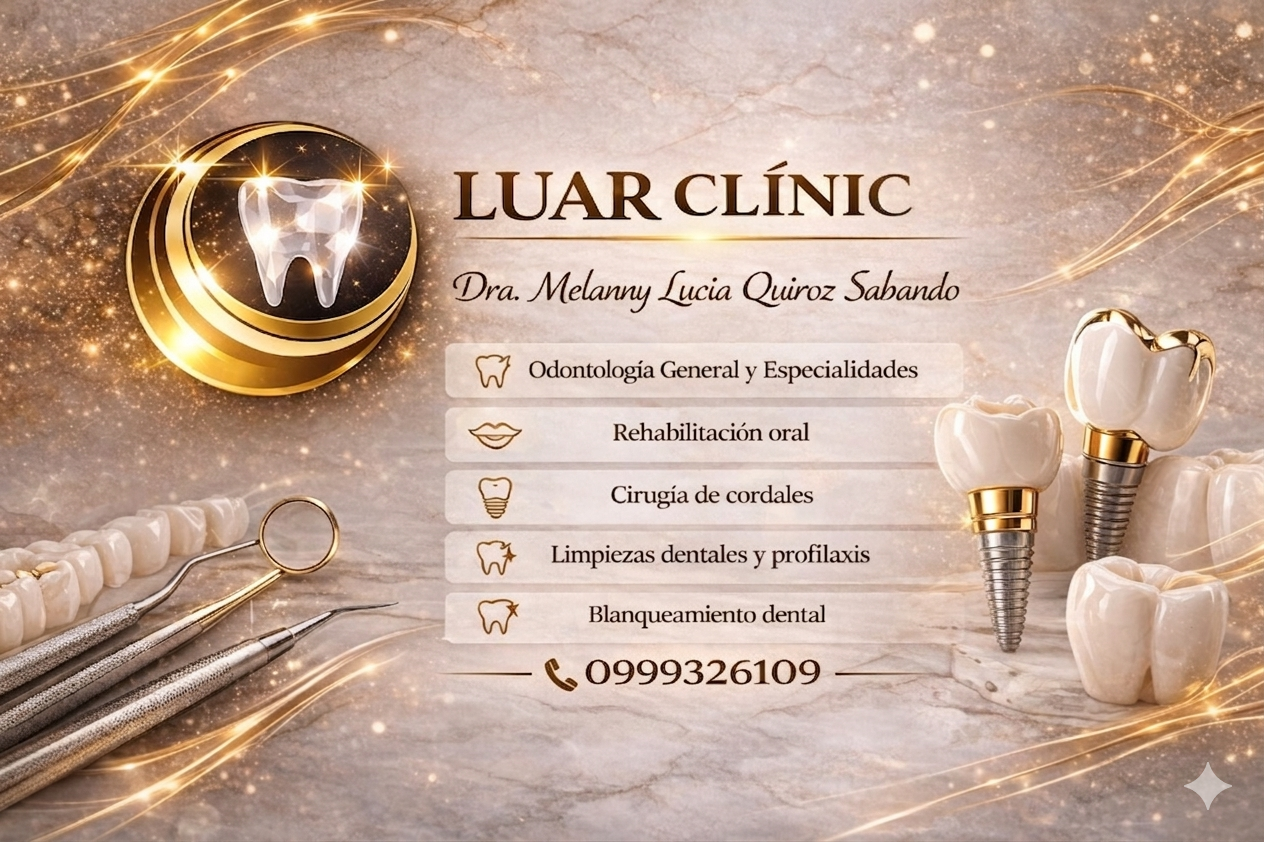 Luar Clínic dental services by Dra. Melanny Quiroz, featuring oral rehabilitation and implants.