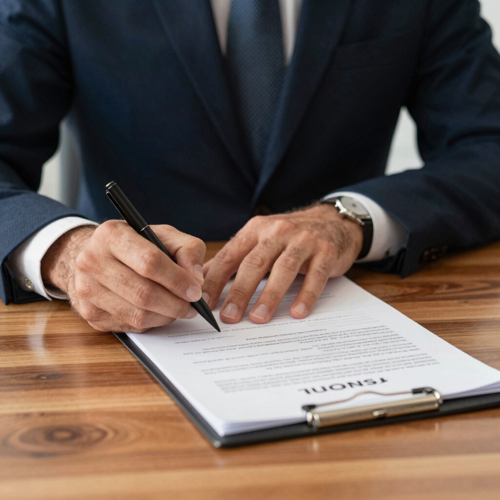 Primer plano de un documento que se firma sobre un escritorio de madera pulida en un entorno pro.