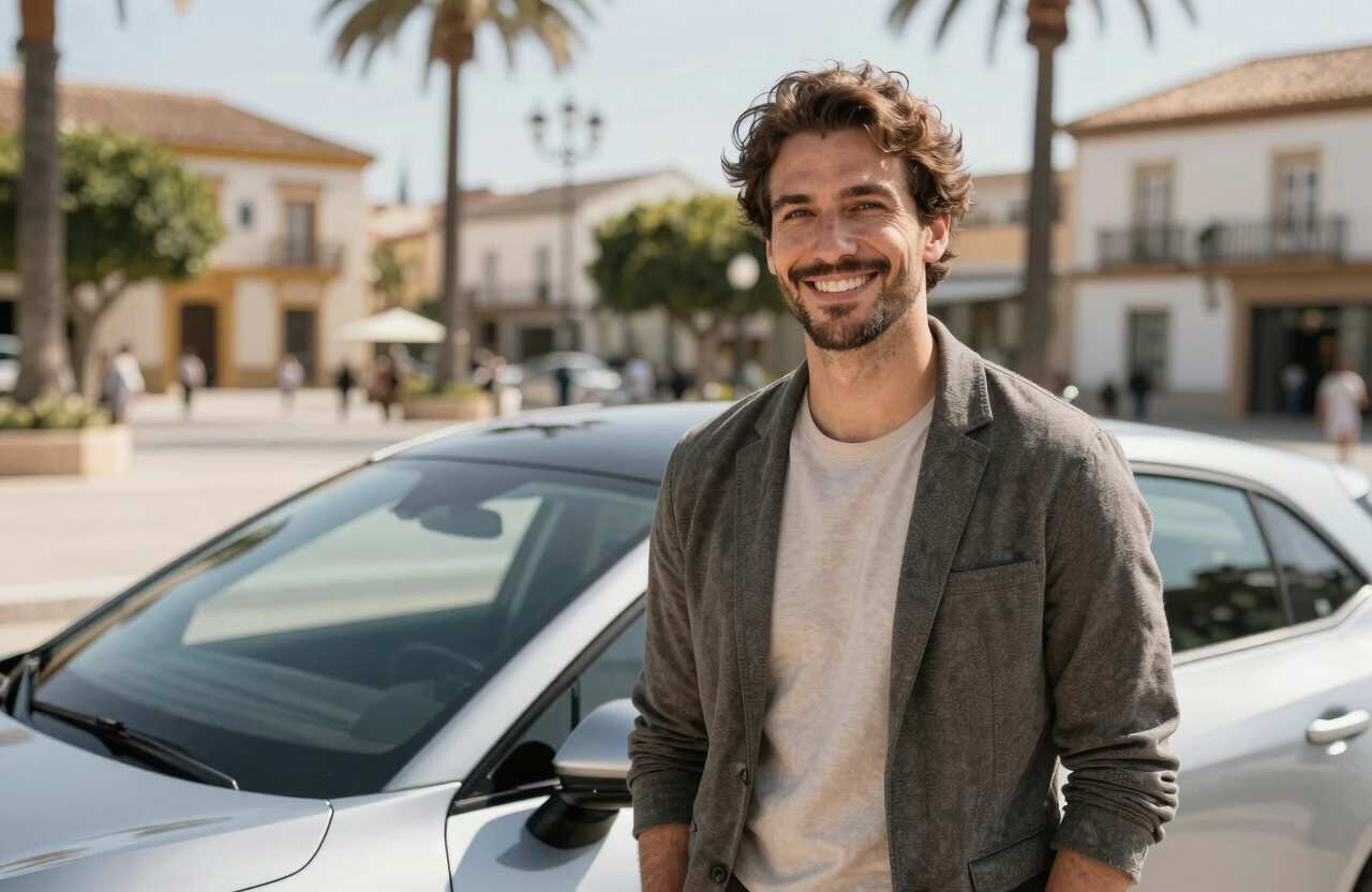 A satisfied customer in smart-casual attire smiling in front of a modern vehicle in a sunny Southern European / Spanish plaza, natural lighting.