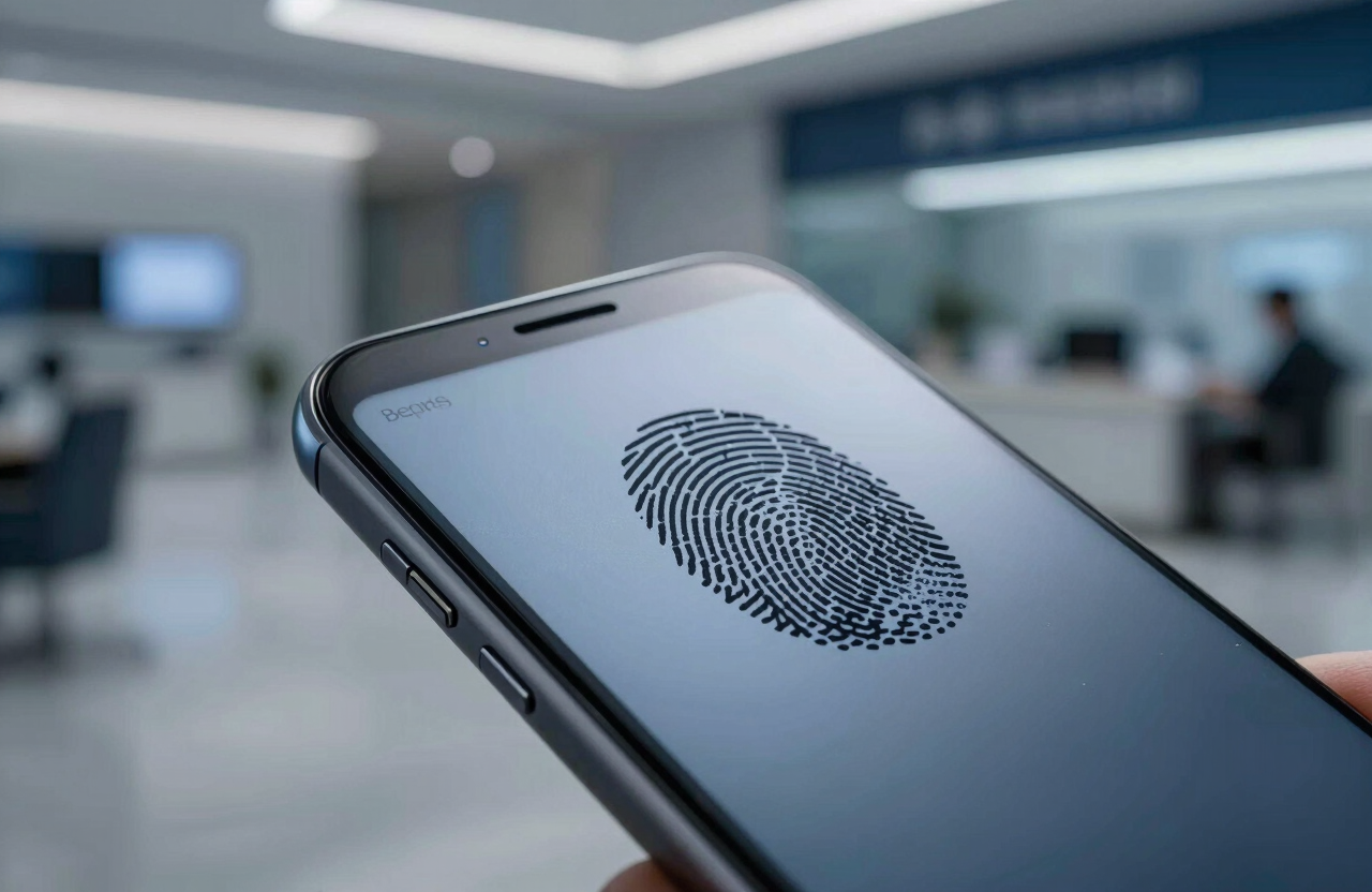 Close-up of a secure biometric fingerprint sensor on a sleek mobile device in a Global / International corporate lobby with muted steel blue lighting.