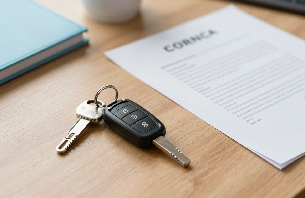 Elegant car keys lying on a clean wooden desk next to a professional contract. Bright, natural lighting in a Central European / Polish office, with Soft Sky Blue stationery nearby.