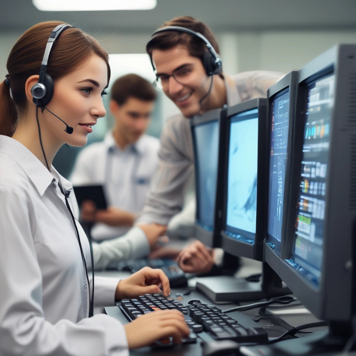 Customer support team wearing headsets while working at computer monitors in a busy call center office.