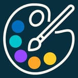 Icône plate de palette de peinture avec des touches de couleurs et un pinceau sur fond sombre.