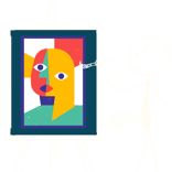 Un artiste en bonhomme bâton peignant un portrait cubiste abstrait coloré sur un chevalet