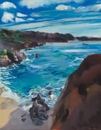 Impressionist oil painting of a rocky California coastline with crashing blue ocean waves.