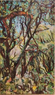 Impressionist oil painting of a sun-drenched forest with tangled tree branches and green foliage.