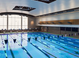 a swimming pool with flags and flags on it