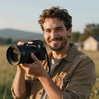 A warm, friendly portrait of a lifestyle photographer in a North American / US outdoor setting, sun-drenched with cinematic lighting.