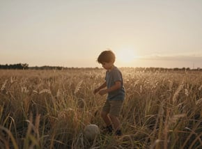 A cinematic shot of a young child playing in a field of tall grass in the North American / US countryside. The sun is setting, creating a warm flare and a palette of soft sand and warm brown.