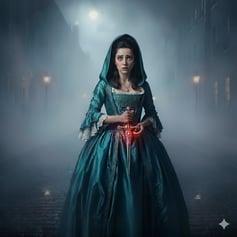 Lucinda, protagonist from The Bottle Conjuror Book Two, standing in a foggy 18th-century street