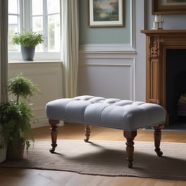 A stylish footstool with elegant fabric and wooden legs, placed in a warm living room setting.
