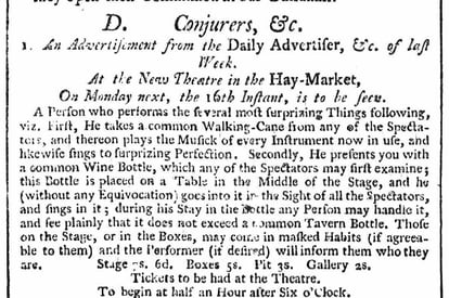 London newspaper ad 1749 Haymarket theater Conjuror performance