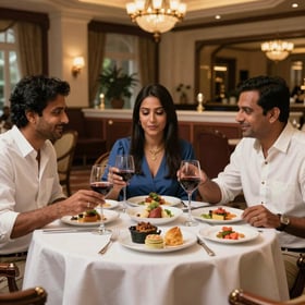 Outdoor pool area surrounded by lush greenery and comfortable lounge chairs.