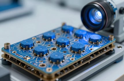 A close-up of high-quality hardware components in a Global / Tech Industry laboratory, lit with classic blue and steel blue lights, soft white background elements.