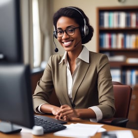 A professional consultation setting with a medical professional sitting at a desk facing a client. The room has a modern aesthetic with white walls decorated with framed certificates. The desk is organized with office supplies, a laptop, and a fruit bowl in the center.