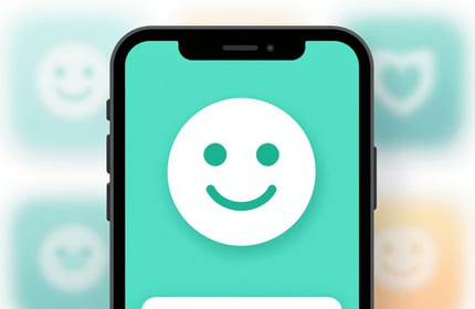 A colorful close-up of a mobile screen showing an animation of a smiling face icon, using #9CC0B9 and #F0F4F7. The image feels fun and lively.