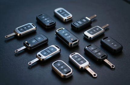 A collection of various high-tech car transponder keys and remotes arranged neatly on a dark charcoal navy surface, lit with professional studio lighting that creates light steel blue highlights.
