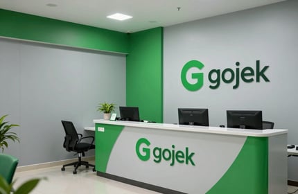 An organized and welcoming reception area of a Gojek service center in Indonesia, clean lines, mist grey and emerald green branding on walls, photography.