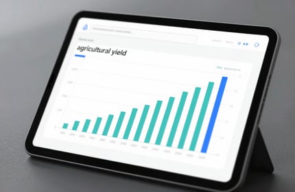 Data visualization on a tablet screen showing agricultural yield growth alongside solar energy production graphs. Clean, high-tech aesthetic.