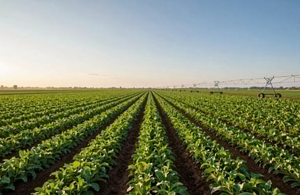 A vast, modern agribusiness farm in a East African / Tanzanian landscape, with rows of vibrant green crops and efficient irrigation under a clear morning sky.