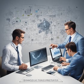 Business meeting with consultants discussing IT strategy over laptops and charts.