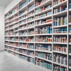 a shelf of medicine pills and pills in a pharmacy
