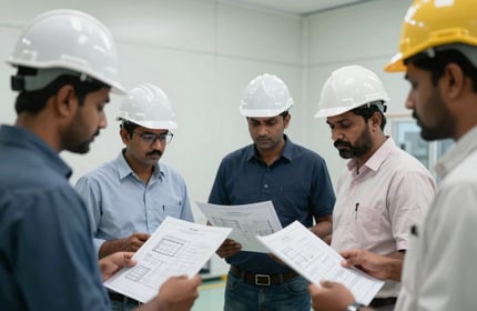 A group of professional engineers in hardhats reviewing floor plans in a modern South Asian / Indian cleanroom construction site with soft off-white walls.