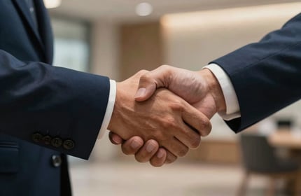 A close-up of a firm handshake between two partners in a Southeast Asian / Indonesian business setting, elegant Deep Midnight Blue suit sleeves visible, warm indoor lighting.