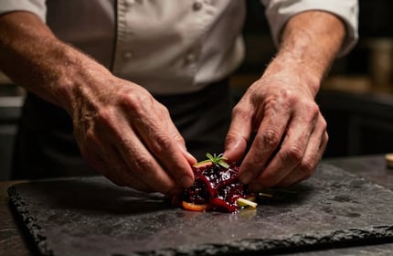 A close-up of a chef in a North American / US restaurant preparing an artisanal dish. Low-key lighting emphasizes deep ripe crimson and dark forest charcoal tones.