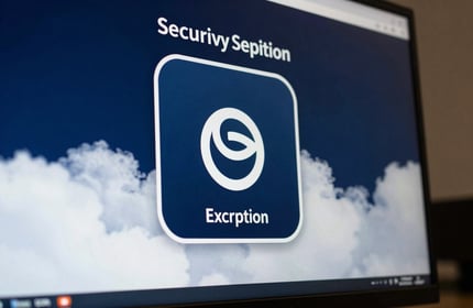 A close-up of a high-resolution display showing a secure encryption animation. The photography is sharp and professional, utilizing dark midnight blue and cloud white lighting in a North American / US corporate setting.