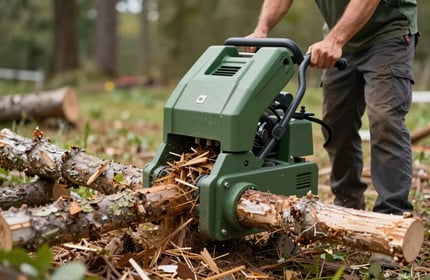A powerful wood chipper processing tree limbs into clean mulch, with an arborist supervising carefully. The job site is organized and professional. Clear, focused lighting, highlighting the #2F5C3E and #1A2C21 green palette.