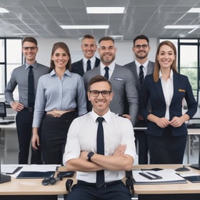 Tall skyscrapers surround a small courtyard area with palm trees. Two uniformed security personnel are conversing in the foreground. The architecture features modern and sleek designs with concrete and glass elements.