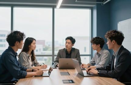 A team of developers collaborating in a Global / International high-tech meeting room with large windows and muted steel blue decor.