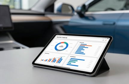 A high-end workspace showing a tablet with car financing charts and a modern car interior in the background. Colors include Mist Grey and Deep Sea Blue. Professional photography.