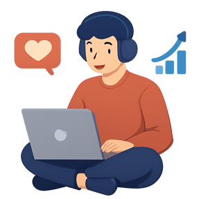 Illustration of a person wearing headphones sitting with a laptop. Floating icons for a heart and a graph are next to them.